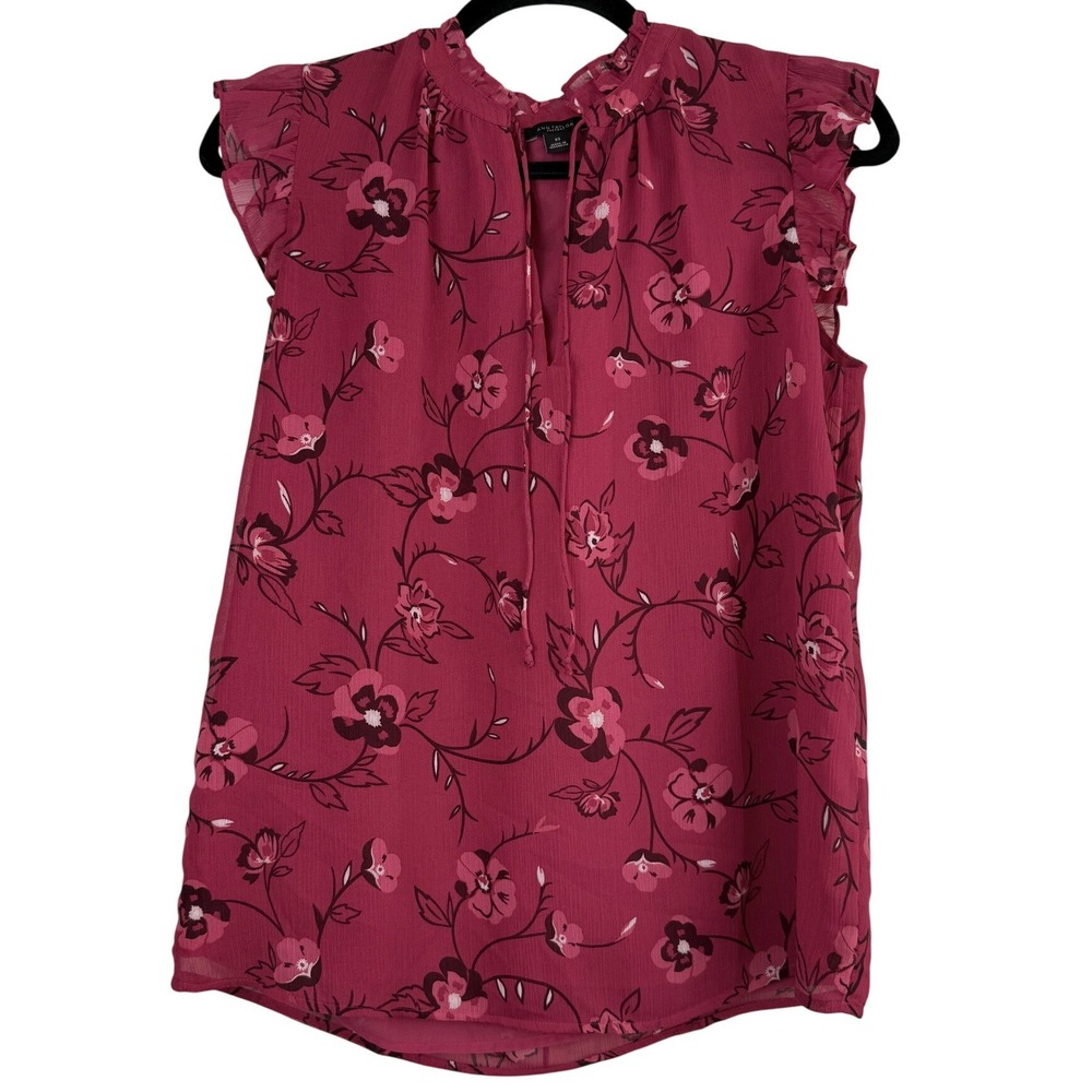 Ann Taylor Factory Floral Ruffle Split Neck Blouse Pink XS 590178 Romantic